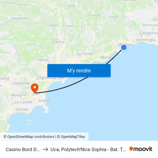 Casino Bord De Mer to Uca, Polytech'Nice Sophia - Bat. Templiers 1 map