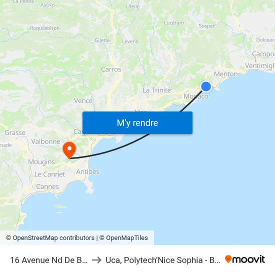 16 Avenue Nd De Bon Voyage to Uca, Polytech'Nice Sophia - Bat. Templiers 1 map