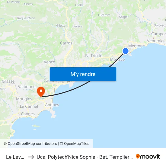 Le Lavoir to Uca, Polytech'Nice Sophia - Bat. Templiers 1 map