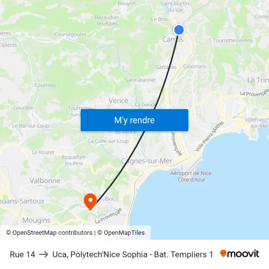 Rue 14 to Uca, Polytech'Nice Sophia - Bat. Templiers 1 map