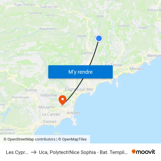 Les Cyprès to Uca, Polytech'Nice Sophia - Bat. Templiers 1 map