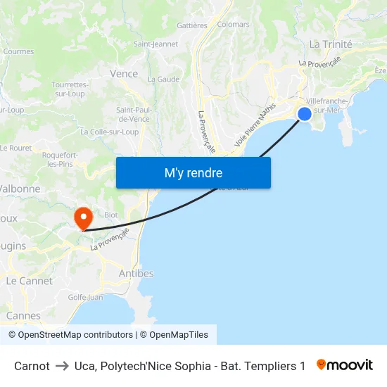 Carnot to Uca, Polytech'Nice Sophia - Bat. Templiers 1 map