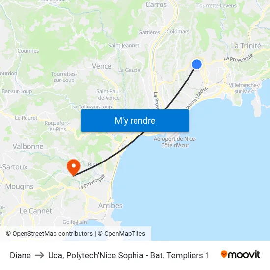 Diane to Uca, Polytech'Nice Sophia - Bat. Templiers 1 map