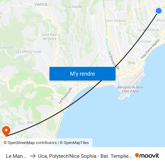 Le Manoir to Uca, Polytech'Nice Sophia - Bat. Templiers 1 map