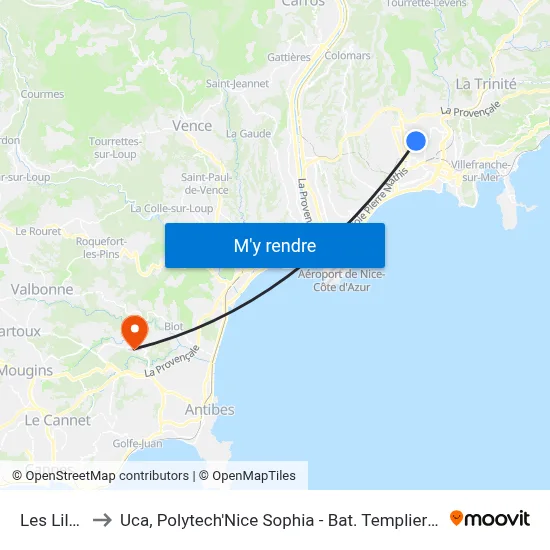 Les Lilas to Uca, Polytech'Nice Sophia - Bat. Templiers 1 map
