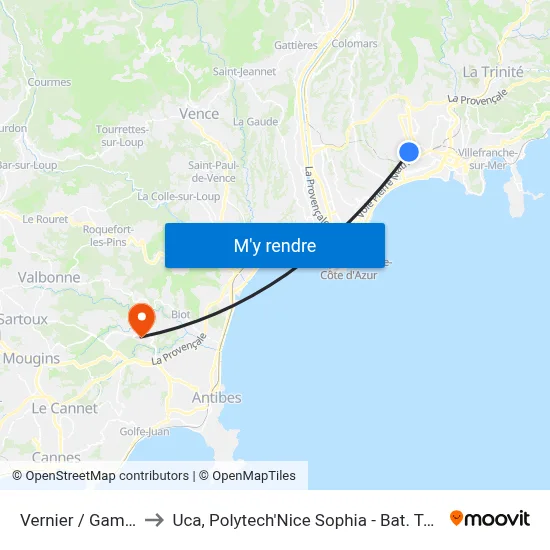 Vernier / Gambetta to Uca, Polytech'Nice Sophia - Bat. Templiers 1 map