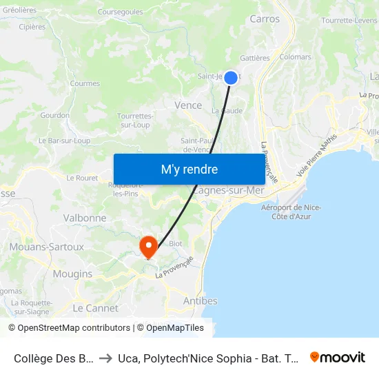 Collège Des Baous to Uca, Polytech'Nice Sophia - Bat. Templiers 1 map