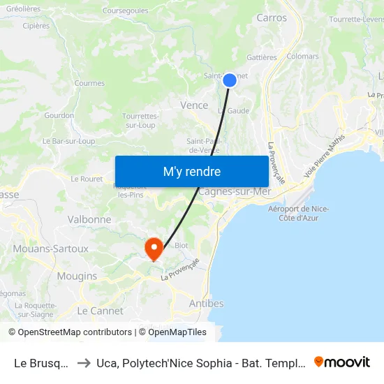 Le Brusquet to Uca, Polytech'Nice Sophia - Bat. Templiers 1 map