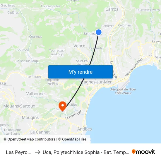 Les Peyrouas to Uca, Polytech'Nice Sophia - Bat. Templiers 1 map