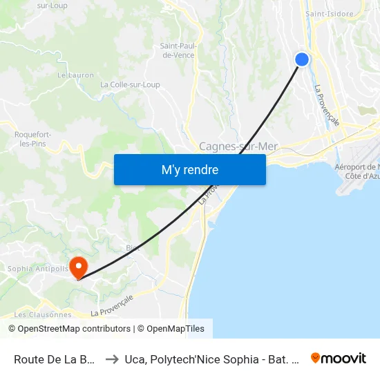 Route De La Baronne to Uca, Polytech'Nice Sophia - Bat. Templiers 1 map