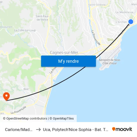 Carlone/Madeleine to Uca, Polytech'Nice Sophia - Bat. Templiers 1 map