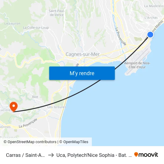 Carras / Saint-Augustin to Uca, Polytech'Nice Sophia - Bat. Templiers 1 map