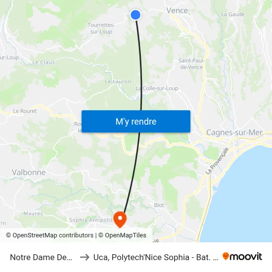 Notre Dame Des Fleurs to Uca, Polytech'Nice Sophia - Bat. Templiers 1 map