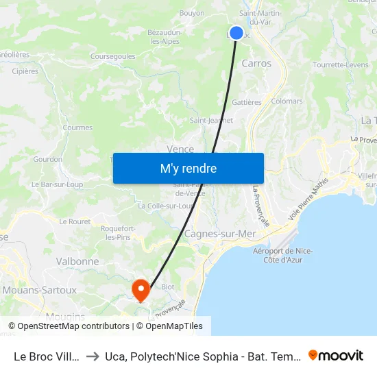 Le Broc Village to Uca, Polytech'Nice Sophia - Bat. Templiers 1 map