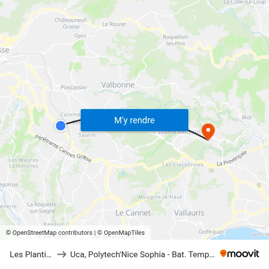 Les Plantiers to Uca, Polytech'Nice Sophia - Bat. Templiers 1 map
