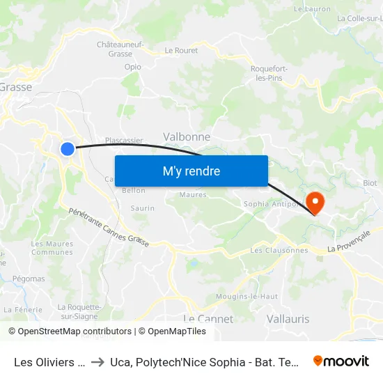 Les Oliviers 600 to Uca, Polytech'Nice Sophia - Bat. Templiers 1 map