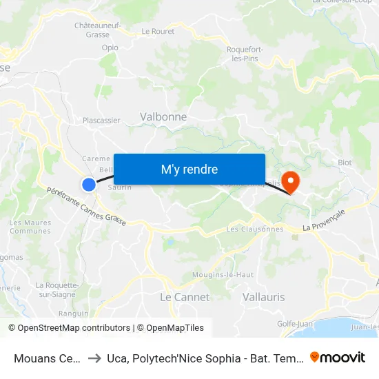 Mouans Centre to Uca, Polytech'Nice Sophia - Bat. Templiers 1 map