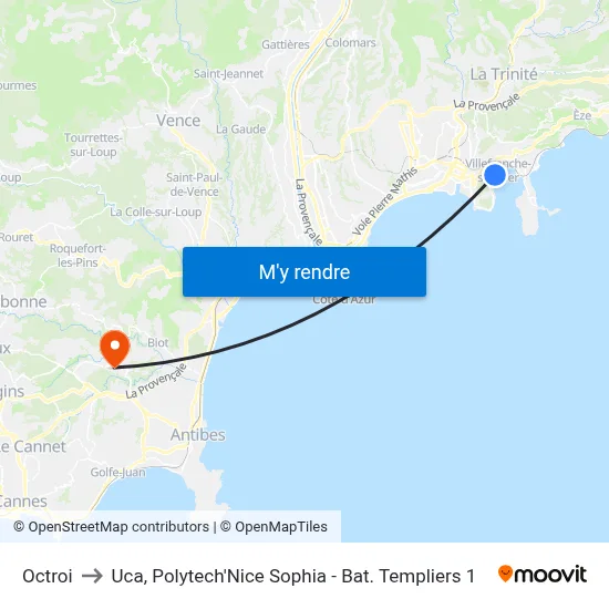 Octroi to Uca, Polytech'Nice Sophia - Bat. Templiers 1 map