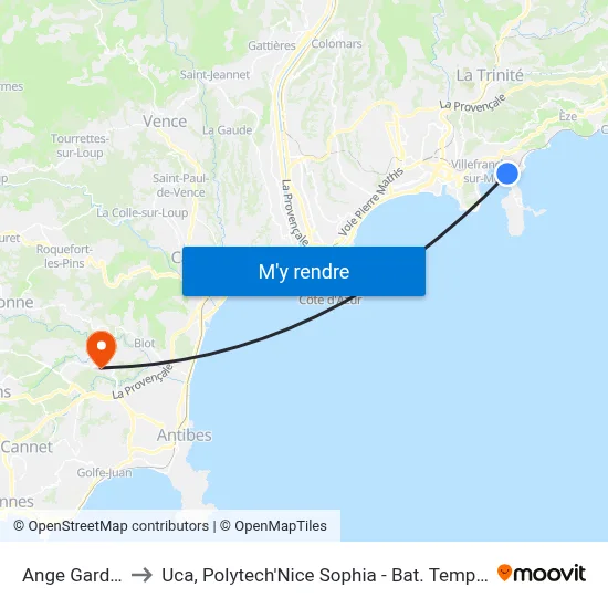 Ange Gardien to Uca, Polytech'Nice Sophia - Bat. Templiers 1 map