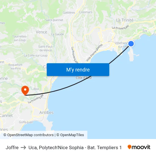 Joffre to Uca, Polytech'Nice Sophia - Bat. Templiers 1 map