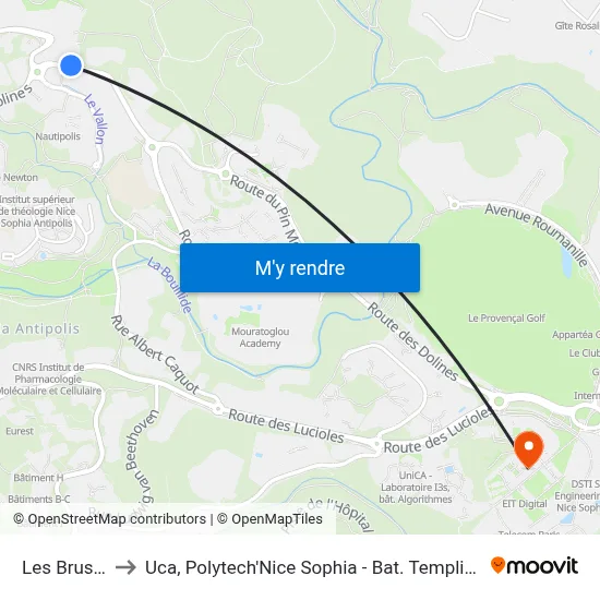 Les Bruscs to Uca, Polytech'Nice Sophia - Bat. Templiers 1 map