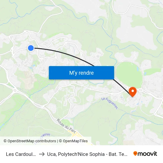 Les Cardoulines to Uca, Polytech'Nice Sophia - Bat. Templiers 1 map