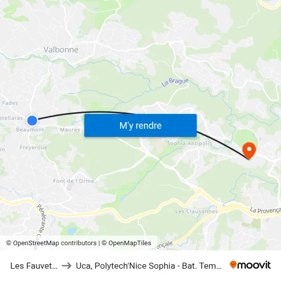 Les Fauvettes to Uca, Polytech'Nice Sophia - Bat. Templiers 1 map
