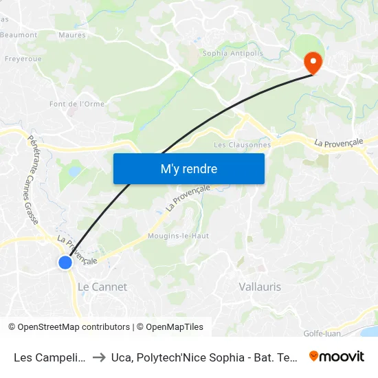 Les Campelieres to Uca, Polytech'Nice Sophia - Bat. Templiers 1 map
