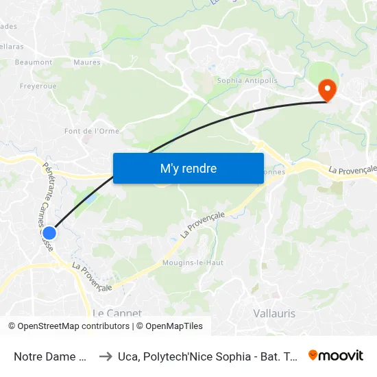 Notre-Dame De Vie to Uca, Polytech'Nice Sophia - Bat. Templiers 1 map