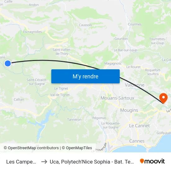 Les Campestres to Uca, Polytech'Nice Sophia - Bat. Templiers 1 map