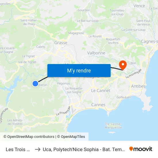 Les Trois Pins to Uca, Polytech'Nice Sophia - Bat. Templiers 1 map