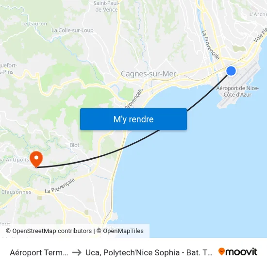 Aéroport Terminal 1 to Uca, Polytech'Nice Sophia - Bat. Templiers 1 map