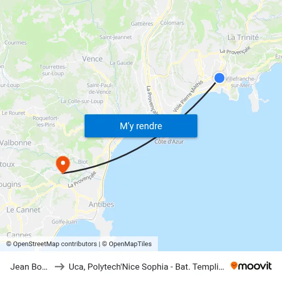 Jean Bouin to Uca, Polytech'Nice Sophia - Bat. Templiers 1 map