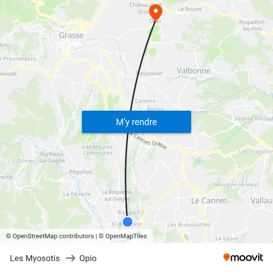 Les Myosotis to Opio map