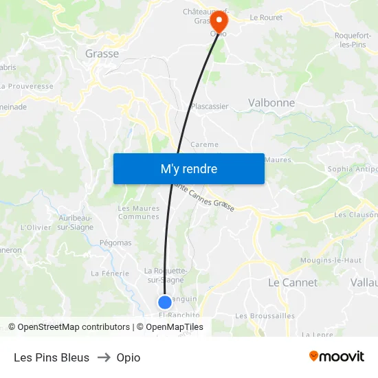 Les Pins Bleus to Opio map