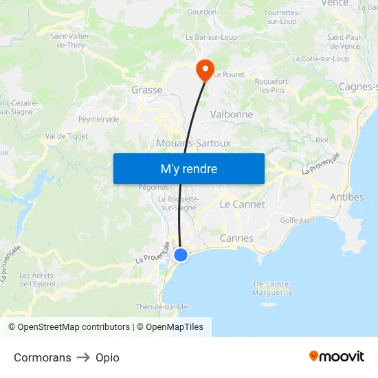 Cormorans to Opio map