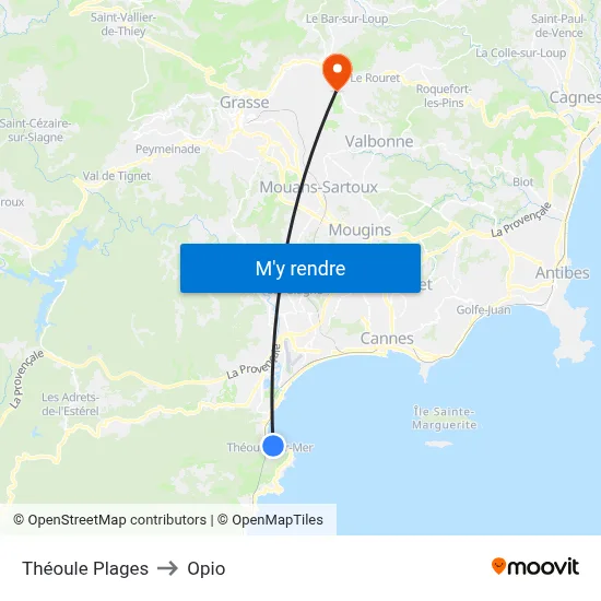 Théoule Plages to Opio map