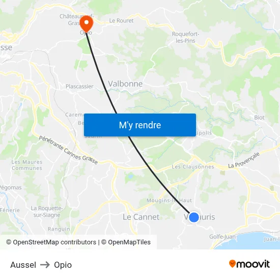 Aussel to Opio map