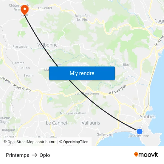 Printemps to Opio map