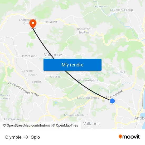Olympie to Opio map