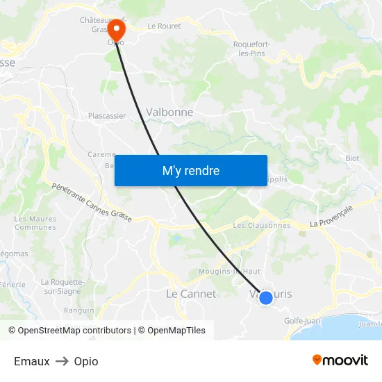 Emaux to Opio map