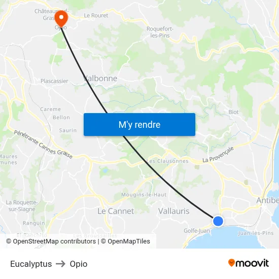 Eucalyptus to Opio map