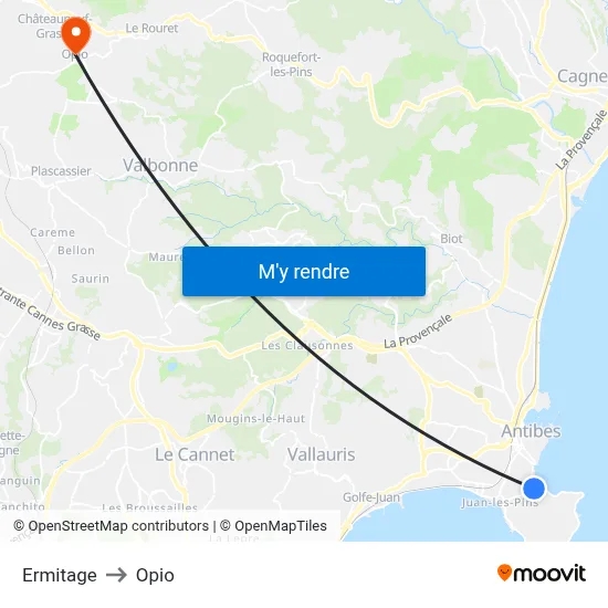 Ermitage to Opio map