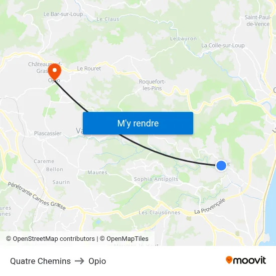 Quatre Chemins to Opio map