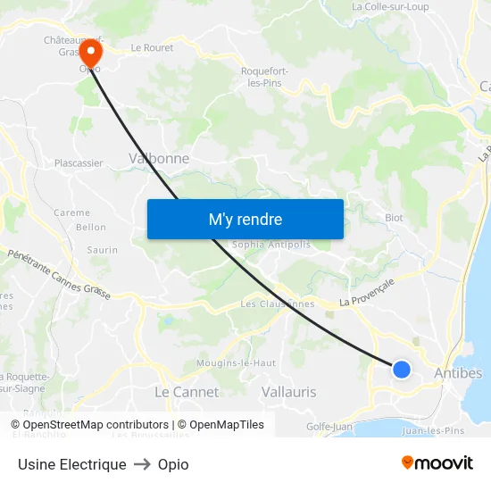 Usine Electrique to Opio map