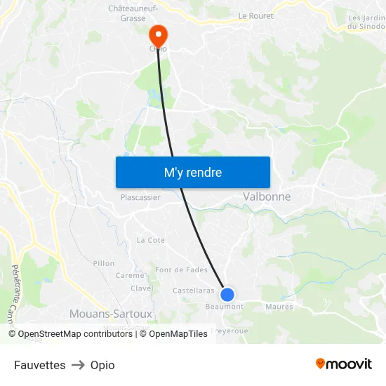 Fauvettes to Opio map