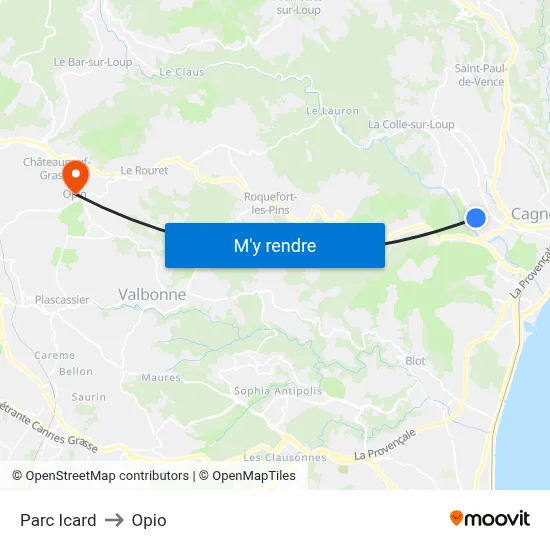 Parc Icard to Opio map