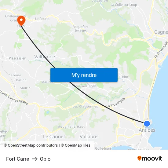 Fort Carre to Opio map