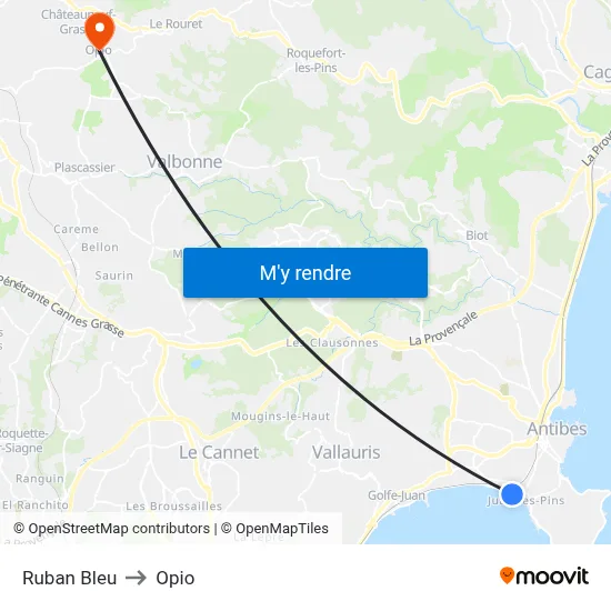 Ruban Bleu to Opio map