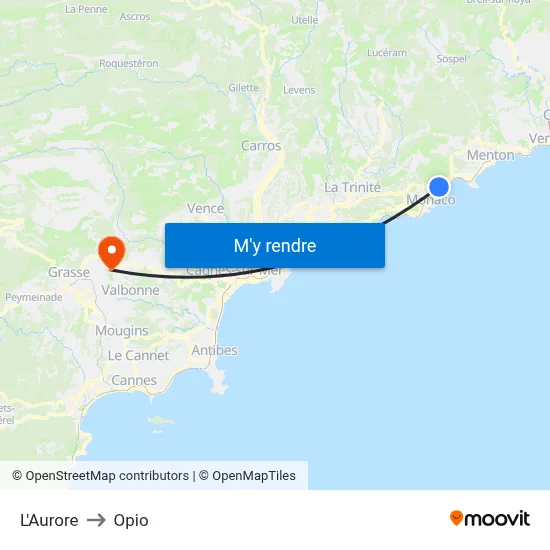 L'Aurore to Opio map